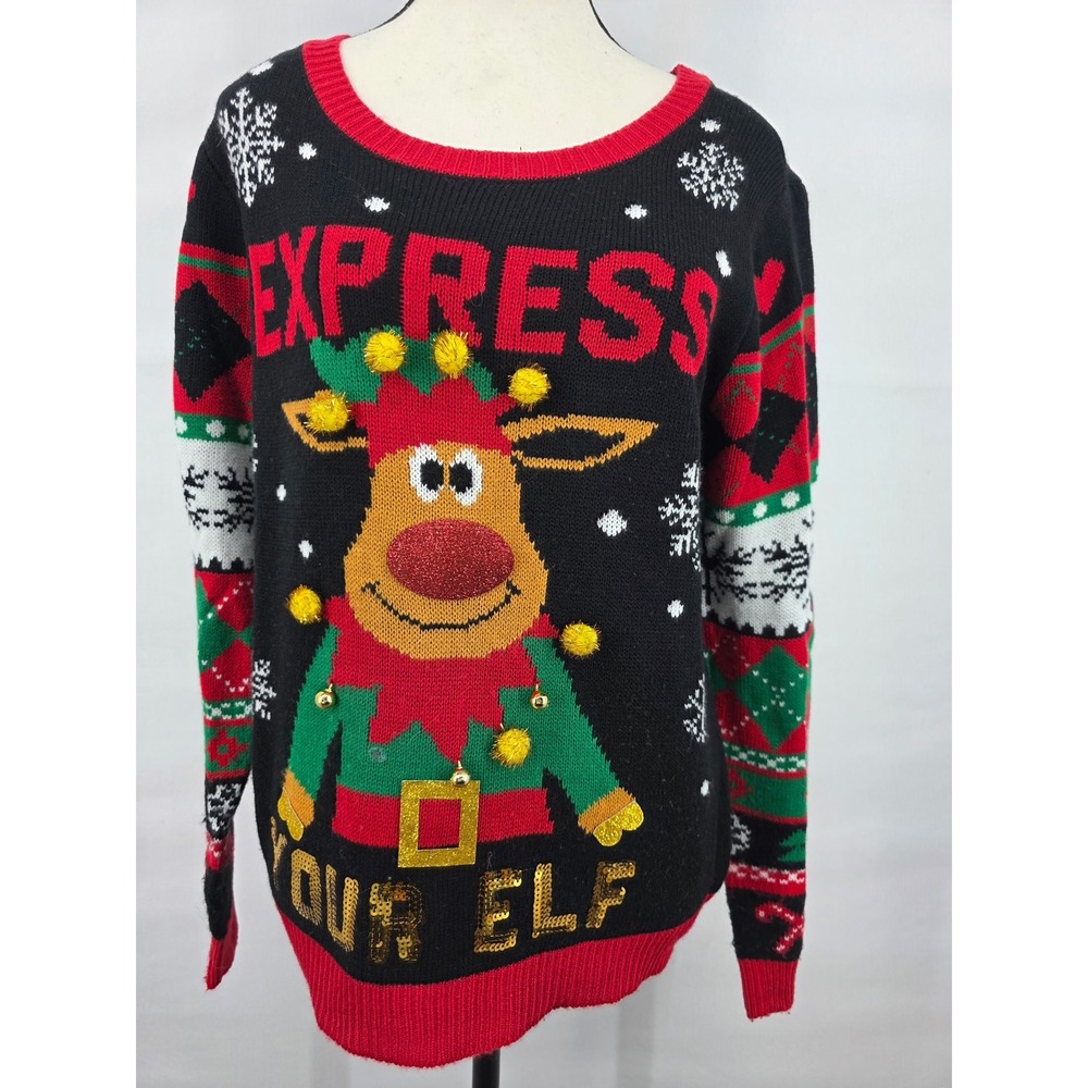 No Boundaries Express Your Elf Reindeer Christmas Sweater Black Red Large 11-13